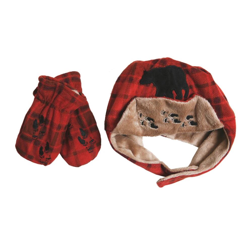 Red Plaid Kids Winter Hat and Mittens Set with Bear Accent